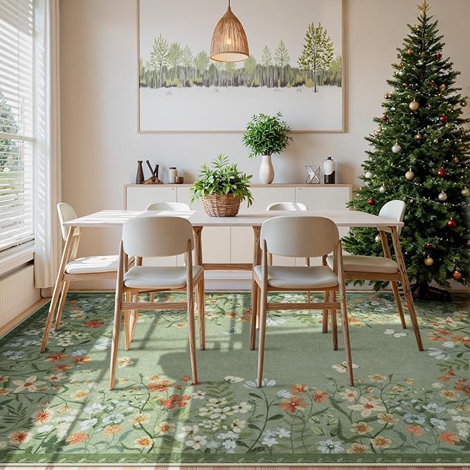 Wonnitar Washable Area Rug 6x9, Green Floral Living Room Rugs, Non-Slip Soft Dining Room Table Rug, Botanical Bedroom Rug Floor Carpet for Mud Room Basement (Green,6'x9')