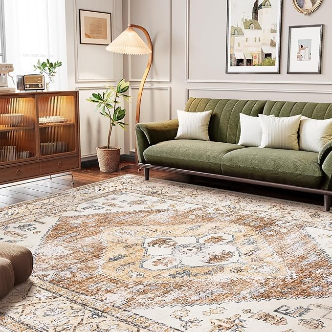 Lahome Rug for Living Room Machine Washable Area Rug 6x9 Boho Non Slip Bedroom Carpet Throw Ultra Thin Carpet for Dining Room, Farmhouse Neutral Print Soft Indoor Mat for Office Home (Taupe, 6'x9')