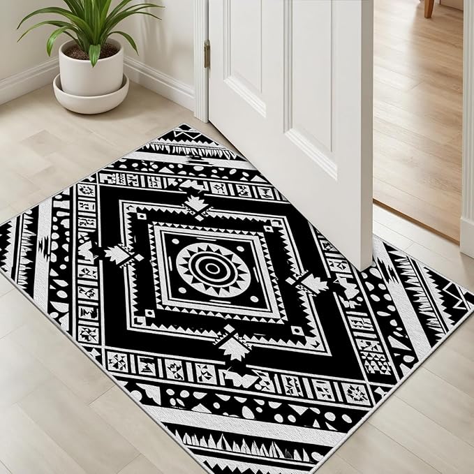 Area Rugs for Living Room 2x3, Moroccan Washable Low Pile Rug, Boho Neutral Farmhouse Ultra Soft Carpet for Bedroom Dining Room Home Decor, Geometric Print Tribal Carpets Black and White