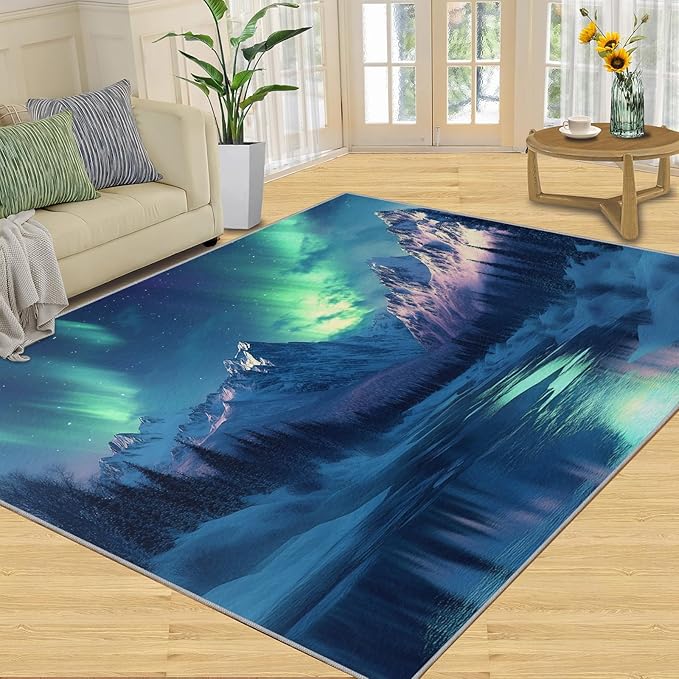 5x8 Snowy Mountains Kids Rug - Aurora Borealis Dining Room Rug, Polar Landscape Area Rugs Indoor Modern Rugs for Bedroom Hardwood Floors Teen Room