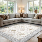 SOULFUL Medium Pile 8x10 Rugs for Living Room - Soft Underfoot Large Area Rug - Light Taupe Boho Floral - Washable Non-Slip - Perfect for Bedroom Kids Room Under Dining Table Office