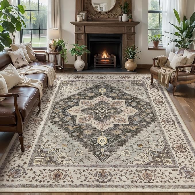Tangsoo Washable Rug 4x6 Area Rug, Vintage Rug Indoor for Living Room, Non Slip Machine Washable Large Rugs, Soft Print Distressed Grey Farmhouse Carpet for Bedroom Dining Room Dorm Office