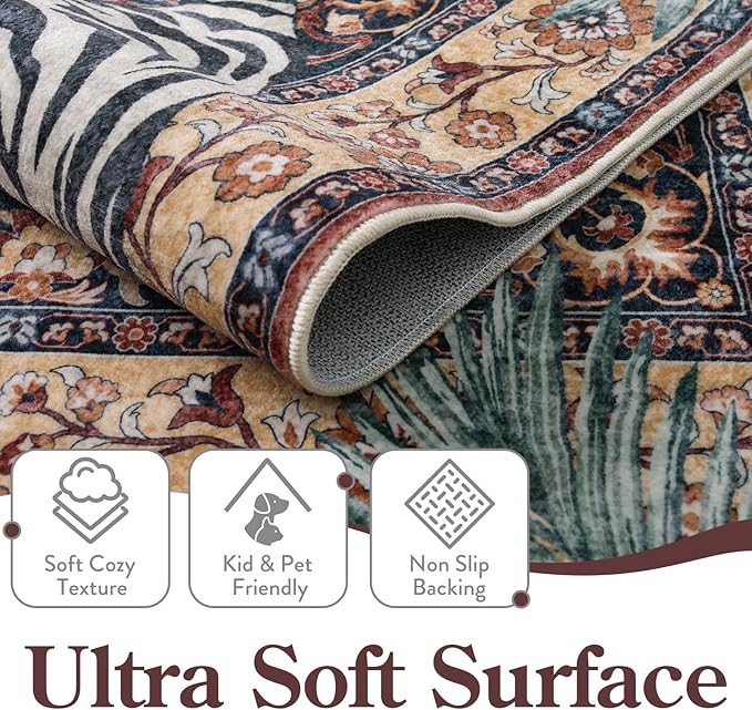 Moynesa Tiger Machine Washable Rug, 3 x 5 Entryway Area Rug Non Slip Vintage Soft Rug for Living Room, Ultra Thin Boho Stain Resistant Kitchen Throw Mat for Entrance Bedside, Puce Red