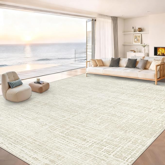9x12 Area Rugs for Living Room, Washable Large Area Rug Neutral Modern Abstract Bedroom Rug Soft Non Slip Low Pile Stain Resistant Indoor Carpet for Kids Playroom Dining Room Office(Beige, 9'x12')