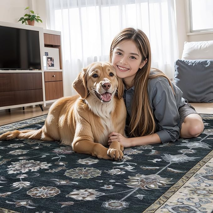 Tangsoo Black 8x10 Washable Area Rugs for Living Room, Floral Vintage Indoor Non Slip Large Area Rugs, Print Carpet Soft Low Pile Foldable Floor Rug for Bedroom Dining Room Dorm