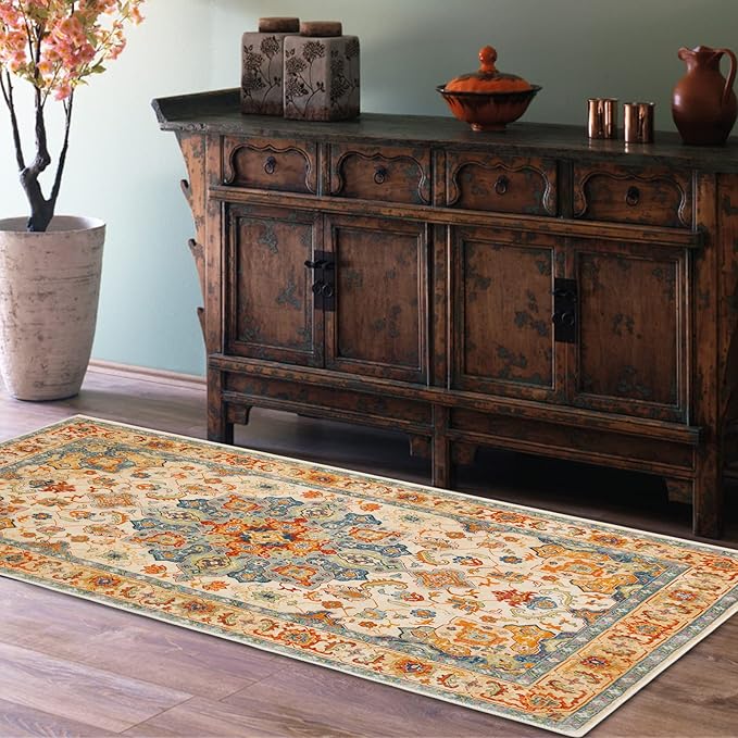 COMSLE Boho Distressed Area Rug 2' x 4', Machine Washable Faux Wool Non-Slip Small Rug for Entryway, Bedroom, Kitchen - Indoor Floor Carpet