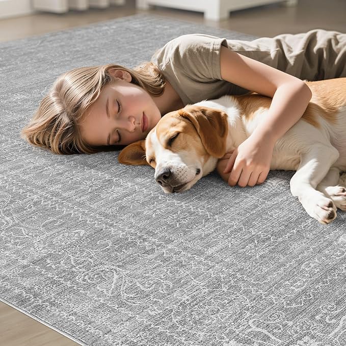 10x12 Area Rug Living Room: Washable Large Vintage Grey Rug Neutral Non-Slip Soft Stain Resistant Indoor Carpet for Bedroom Nursery Dining Room Under Table Bed Home House Office Playroom