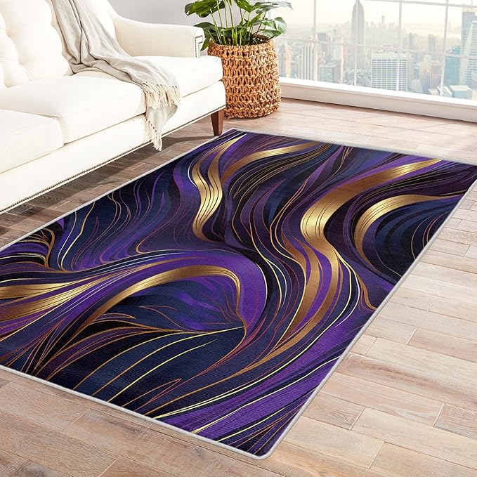 Purple and Gold Rug, 5x6 Rug, Luxury Rugs for Living Room Bedroom, Abstract Large Area Rug, Washable Rug Non Slip Soft Indoor Carpet, Purple and Gold Home & Room Decor