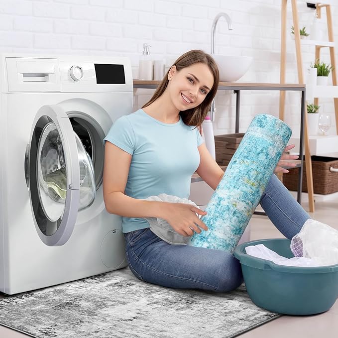 Ompaa Living Room Rug 8x10 Teal Blue Area Rugs Machine Washable Abstract Boho Large Rug Non-Slip Non-Shedding Faux Wool Indoor Vintage Carpet for Bedroom, Classroom, Dining Room, Kids Playroom