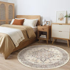 Round Rug Living Room Rugs: 7x7 Washable Boho Neutral Large Circle Soft Indoor Floral Stain Resistant Floor Farmhouse Carpet for Bedroom Nursery Kids Playroom Office Dining Room Dorm Home- Beige Brown