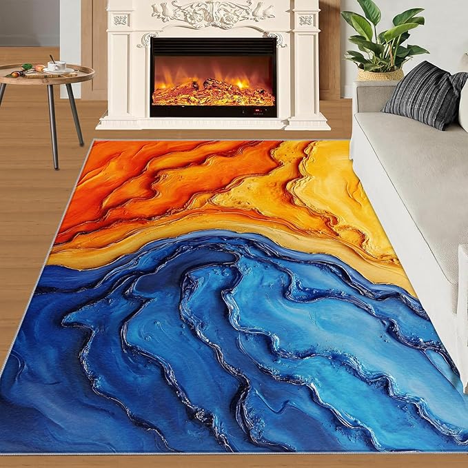 Navy Blue Rugs for Bedroom - 5x6 Area Rug - Abstract Blue Orange Rugs for Living Room, Modern Simple Art Rug, Washable Home Decor Carpet