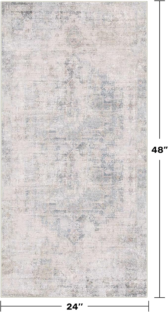 Light Blue 2x4 Runner Rug for Entryway Indoor, Kitchen Floor Waterproof, Bathroom, Powder Room, Washable Non Slip Low Pile Stain & Fade Resistant, Modern Eclectic Dusty Blue Décor