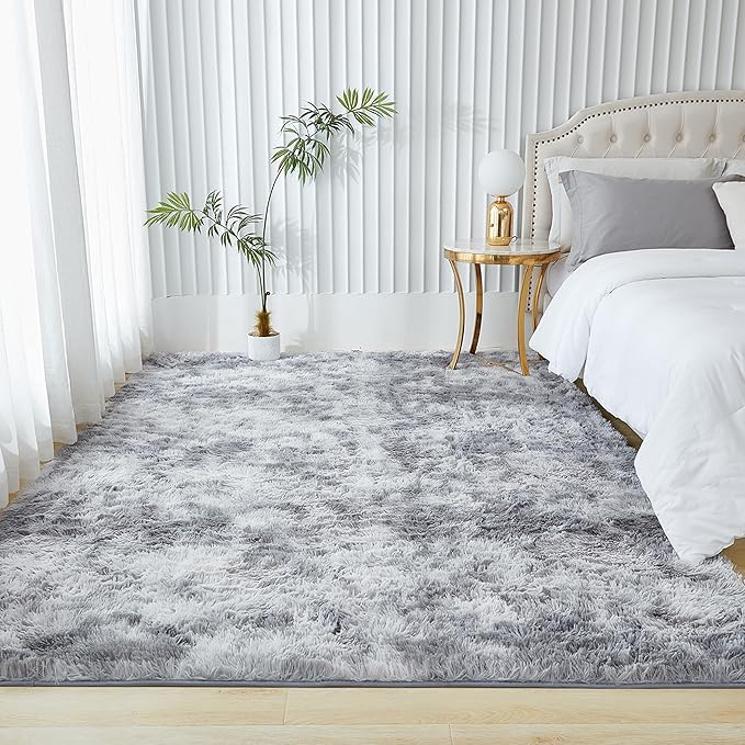 Andency Soft Area Rugs for Living Room Bedroom, 3x5 Non-Slip Fluffy Shag Carpet, Indoor Floor Fuzzy Shaggy Living Room Plush Rug for Kids Dorm Nursery Home Decor Aesthetic, Tie-Dyed Light Grey