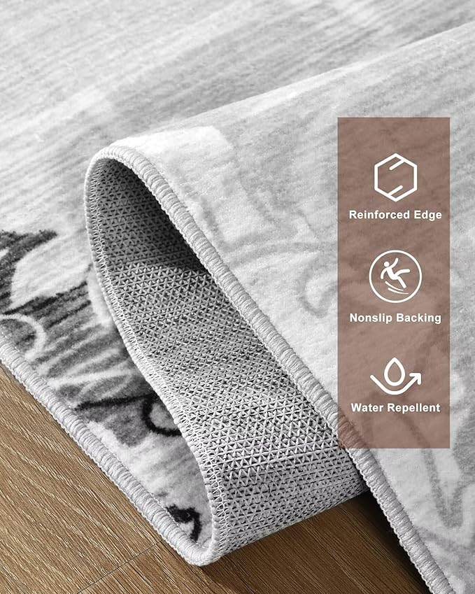 Washable Abstract Rug, 8x10 Classic Grey and White Floral Area Rugs with Non-Slip Rubber Backed for Living Room, Low Pile Modern Throw Carpet Bedroom Dining Room Decor