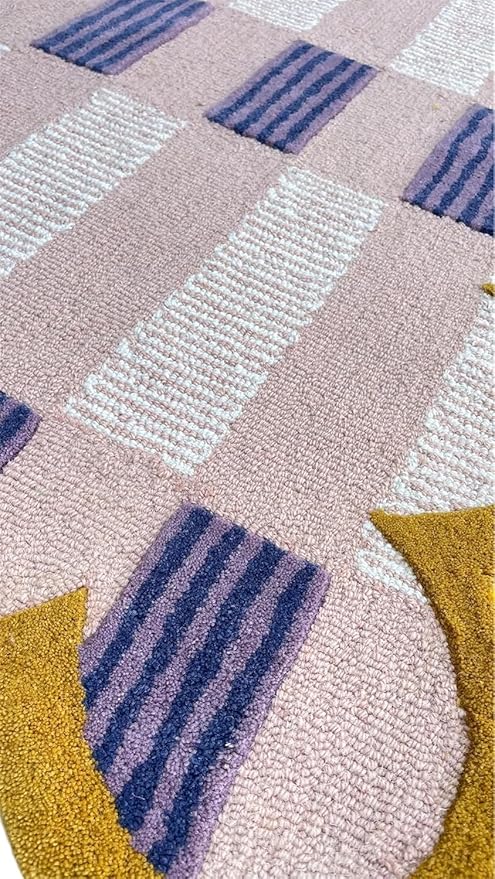 Hand-Tufted Wool Rug with Scalloped Edges, Light Blue Plaid Pattern, Cozy Soft Area Rug for Living Room, Bedroom, and Nursery, Handmade Modern Accent Rug (Pink, 9X14 FEET)