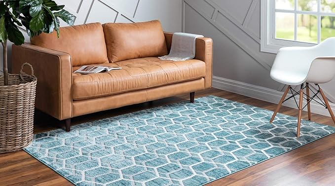 Rugs.com Lattice Trellis Collection Rug – 3' x 5' Blue Low-Pile Rug Perfect for Living Rooms, Large Dining Rooms, Open Floorplans