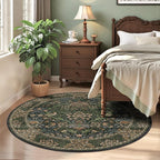 4ft Round Area Rugs for Living Room, Washable Floral Circle Rug Non Slip Low Pile, Vintage Boho Botanical Birds Throw Carpet for Farmhouse, Bedroom, Dining Room, Retro Gold/Green