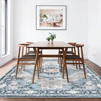 Washable 6×9 Area Rug for Living Room, Vintage Floral Rug Soft Non Slip Stain Resistant Boho Carpet for Indoor Bedroom Dinning Room Home Office Blue/Ivory