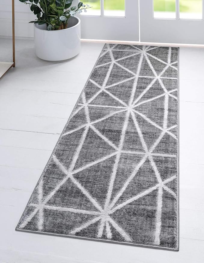 Rugs.com Lattice Trellis Collection Rug – 6 Ft Runner Gray Low-Pile Rug Perfect for Hallways, Entryways
