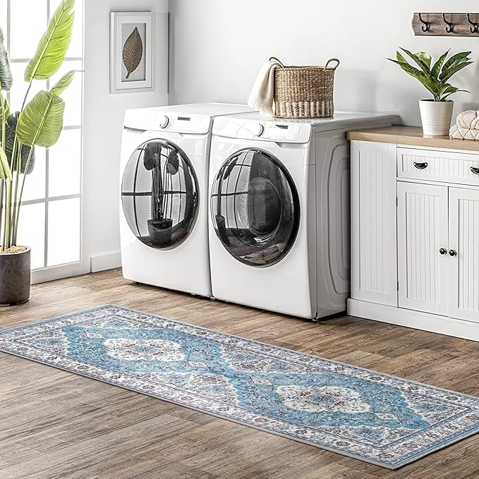 COMSLE Boho Runner Rug, 2x6 Washable Rugs for Hallway Faux Wool Small Throw Rug Distressed Kitchen Area Rug Non-Slip Laundry Room Rug Carpet Runner for Entryway Indoor Bedroom (Light Blue)