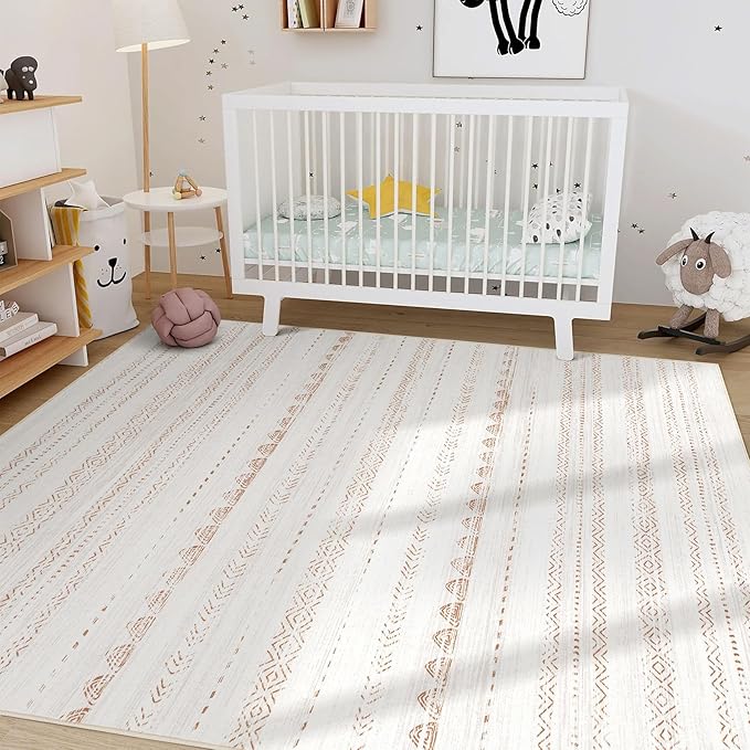 Nakagishi Area Rug Living Room Rugs: 5x7 Washable Boho Large Neutral Farmhouse Soft Moroccan Stain Resistant Indoor Carpet for Bedroom Nursery Kids Playroom Office Dining Room Home House Decor- Brown