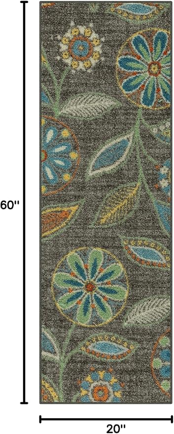 Maples Rugs Reggie Floral Runner Rug - Made in USA - Washable, Non Slip Indoor Carpet for Kitchen, Hallway, and Laundry Room, 1'8 x 5, Dark Grey
