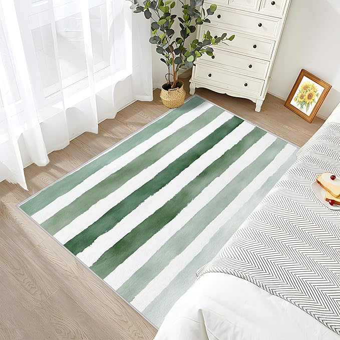 Striped Rug for Entryway Indoor - 3x4ft - Green and White Stripe Minimalist Watercolor Washable Non Slip Low Pile Small Rug for Bedroom, Striped Carpets Room Decor & Gifts
