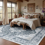 Area Rugs 10'x12' Washable Non-Slip, Floral Vintage Distress Print Pattern Medallion Carpet for Living Room Bedroom Dining Room, Light Gray Grey White