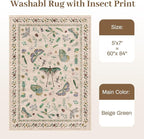 5x7 Washable Area Rug with Insect Print - Bug Rug Non-Shedding Stain Resistant Soft Carpet for Bedroom, Low Pile Ultra-Thin Machine Washable Carpet for Dining Room, Kids Nursery, Office (5'x7' Beige)