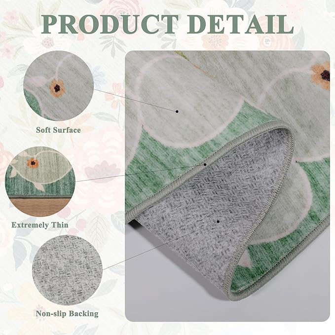 DUKINO 3x5 Area Rug, Floral Rugs for Living Room, Lightweight Non Slip Washable Rug, Indoor Low Pile & Non-Shedding Boho Design Rugs for Bedroom, Living Room, Dining Room, Green