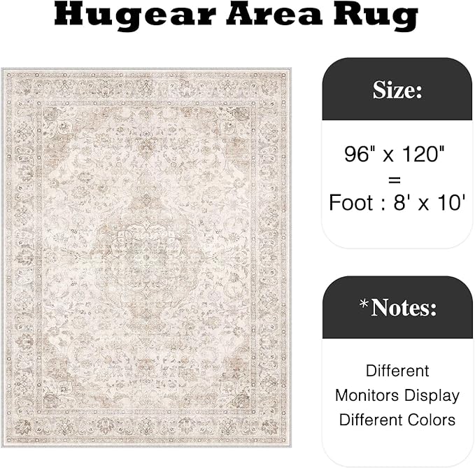 HUGEAR Area Rug 8x10 Vintage Beige Machine Washable Living Room Rugs Thin Neutral Floral Vacuumable Low Pile Carpet Bedroom Office Dining Room Laundry Room Non Slip Soft Lightweight