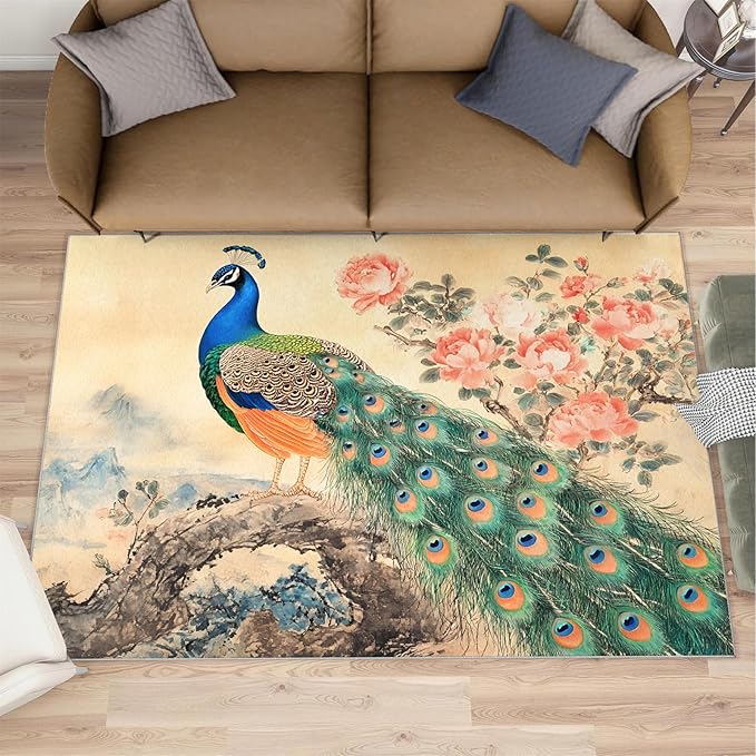 Peacock Peony Flower Area Rug 5x6-5x6 Rug, Classic Peacock Peony Rugs for Living Room, Oriental Carpet, Floral Animal Washable Area Rugs for Bedroom, Aesthetics Carpet - Peafowl Home Decor & Gifts