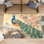 Peacock Peony Flower Area Rug 5x7-5x7 Rug, Classic Peacock Peony Rugs for Living Room, Oriental Carpet, Floral Animal Washable Area Rugs for Bedroom, Aesthetics Carpet - Peafowl Home Decor & Gifts