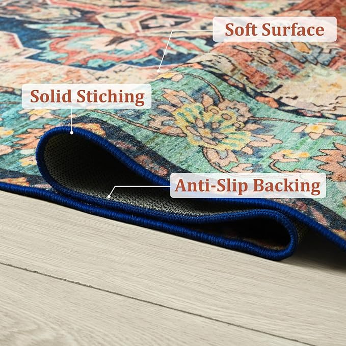 Large Area Rugs 9x12, Low Pile Washable Rugs - Soft Vintage Distressed Rugs for Living Room Bedroom, Office, Dining Room, Water Repellent & Non Shedding, Terracotta