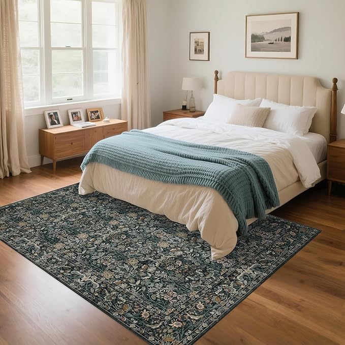 Washable Living Room Rug: 6x9 Boho Floral Soft Area Rug for Bedroom Decor - Vintage Low Pile Thin Carpet for Dining Room Non-Slip - Farmhouse Stain Resistant Rugs - Dark Green