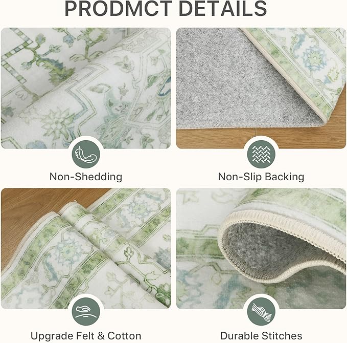 Area Rug 2x3 Doormat, Machine Washable Low Pile Vintage Rugs, Small Lightweight Rug Entryway Indoor Mat for Entrance, Hallway, Kitchen and Corridor, Cream Green