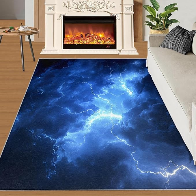 5x8 Dark Clouds Lightning Kids Rug - Storm Dining Room Rug, Natural Weather Area Rugs Indoor Modern Rugs for Bedroom Hardwood Floors Teen Room
