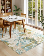 Washable Abstract Rug, 6x9 Willow Green and Blue Floral Area Rugs with Non-Slip Rubber Backed for Living Room, Low Pile Modern Throw Carpet Bedroom Dining Room Decor