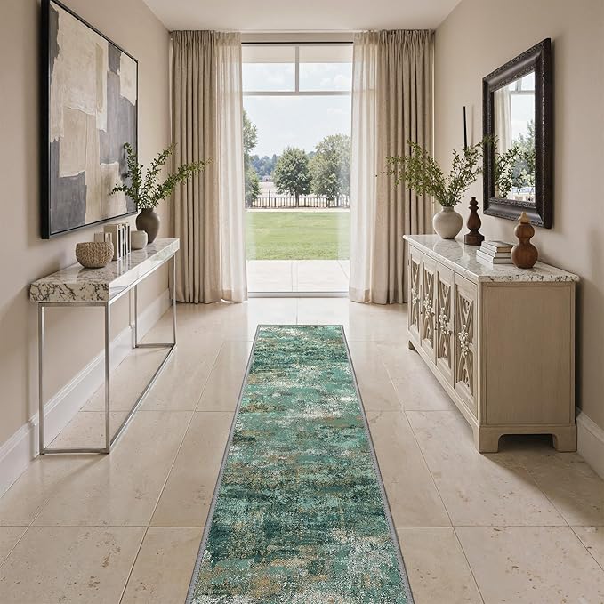 GENIMO Runner Rug Non Slip 2'6"x8', Washable Rug Runner for Hallways Kitchen, Abstract Modern Kitchen Rugs, Low Pile Lightweight Carpet Runners for Entryway, Bedroom, Laundry, Turquoise