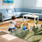 Boho Tropical Leaves Washable Living Room Area Rug, Low Profile Abstract Pattern, 3x5 Non-Slip Backing Carpet for Kitchen, Bedroom, Dining Room