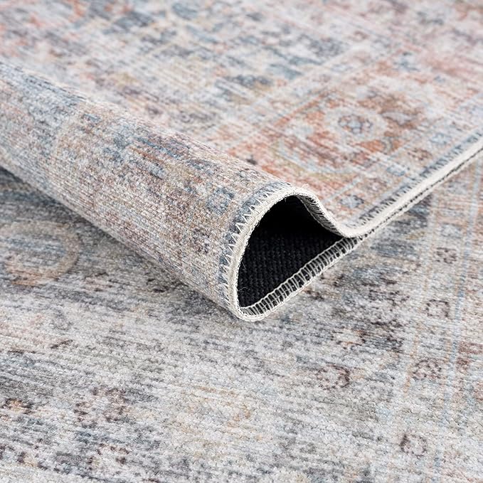 Bloom Rugs Caria Washable Non-Slip 9x12 Rug - Ocean Blue/Brick Traditional Area Rug for Living Room, Bedroom, Dining Room, and Kitchen - Exact Size: 9' x 12'