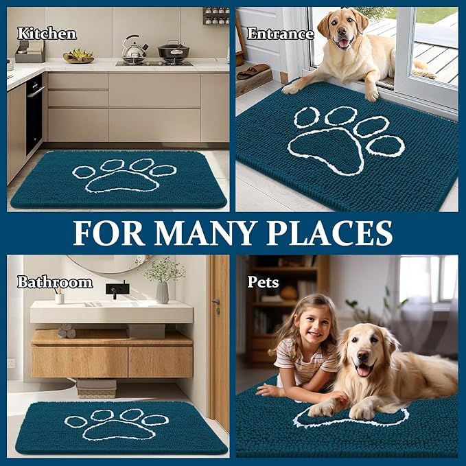 OLANLY Dog Door Mat for Muddy Paws 70x24, Paw Print Design, Absorbs Moisture and Dirt, Absorbent Non-Slip Washable Doormat, Quick Dry Chenille Mud Mat, Entry Indoor Entryway Carpet, Atlantic Blue