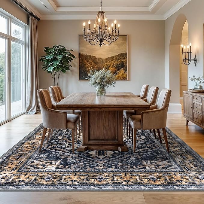 KOZYFLY Boho Area Rug 8x10 Ft Thin Rugs for Living Room Washable Bedroom Rug Non Slip Rugs for Living Room Gold Navy Printed Faux Wool Vintage Bedroom Rug Floor Carpet for Dining Room
