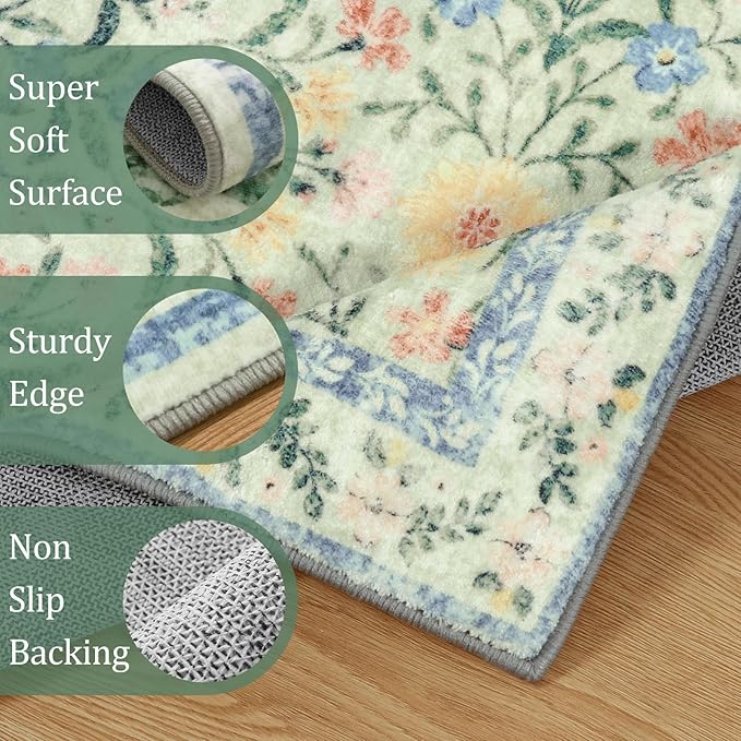 Morebes Boho Washable 6x9 Area Rugs for Living Room, Soft Vintage Floral Girls Bedroom Rug Non Slip, Indoor Floor Carpet for Nursery Kids Playroom Home Office, Green/Multi