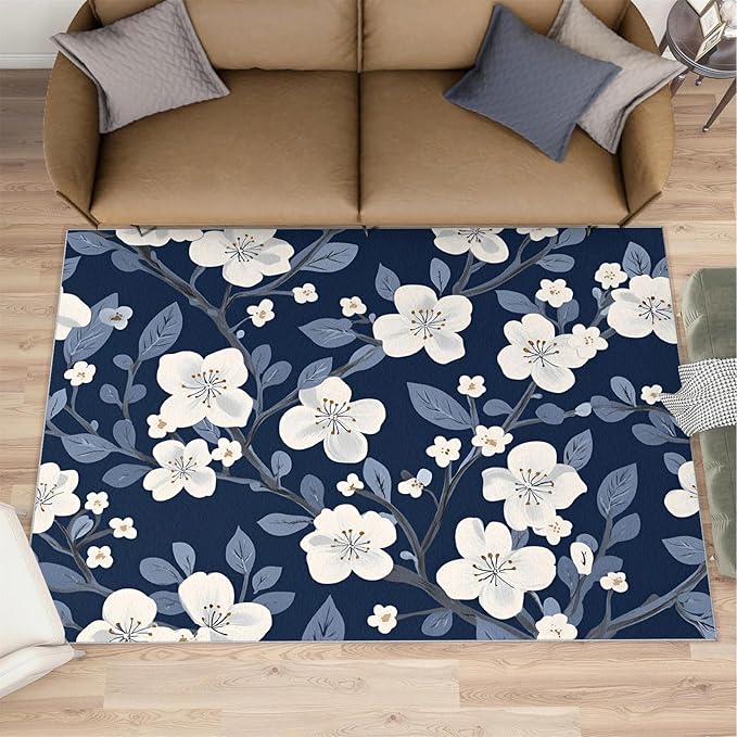 Boho Rugs for Bedroom - 6x8 Area Rug - Blue White Flowers Rugs for Living Room, Vintage Modern Flowers Rug, Washable Home Decor Carpet
