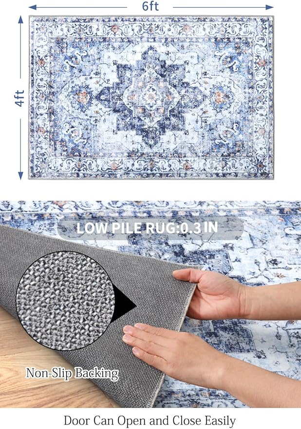 COMSLE 4x6 Rugs for Living Room Washable Area Rugs for Bedroom Faux Wool Distressed Throw Rugs Absorbent Non-Slip Floor Carpet for Indoor Kitchen Laundry Room Blue