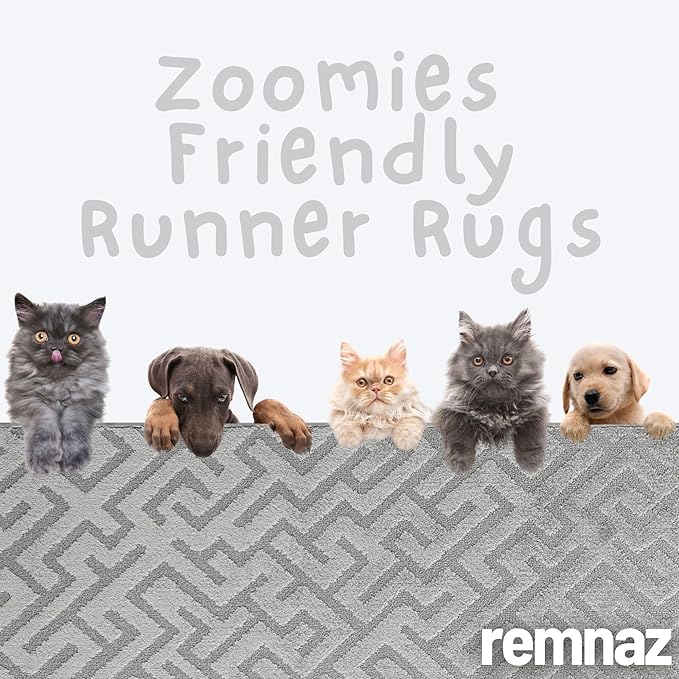 12ft Custom Hallway Rug - Deco Grey | Non-Slip Rubber Backed | Washable & Pet Friendly | Edge Bound