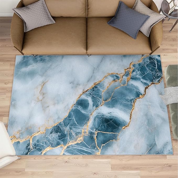 4x6 Abstract Marble Cafe Rug - Blue-White-Marble Rugs for Bedroom Aesthetic, Luxury Stone Pattern Soft Comfortable Non-Slip for Offie Bedroom Study Boy Girl Room Hotel Dorm