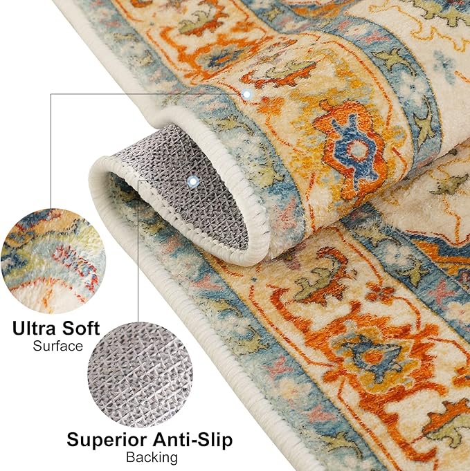 COMSLE Boho Area Rug, 3' x 5' Machine Washable Rugs for Entryway Faux Wool Large Rugs Distressed Throw Rug Non-Slip Floor Carpet for Indoor Bedroom Kitchen Living Room