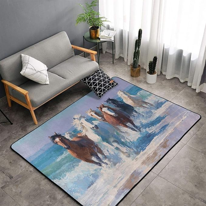 Horse Run Gallop in Waves Ocean Area Rug Washable Outdoor Rugs Anti-Slip Soft Carpet Entryway Indoor Door Mat for Bedroom,Living Room,Porch,Terrace and Entrance Decor 3'x 2'